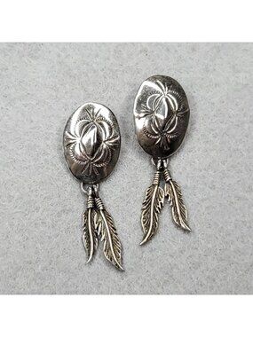 Richard Begay RB Sterling Silver Earrings Navajo Concho Feathers Western 1.75"
